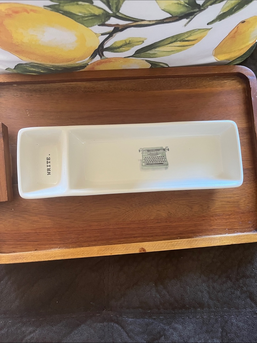 Rae Dunn White Ceramic 'WRITE' Vanity Tray with Typewriter Motif